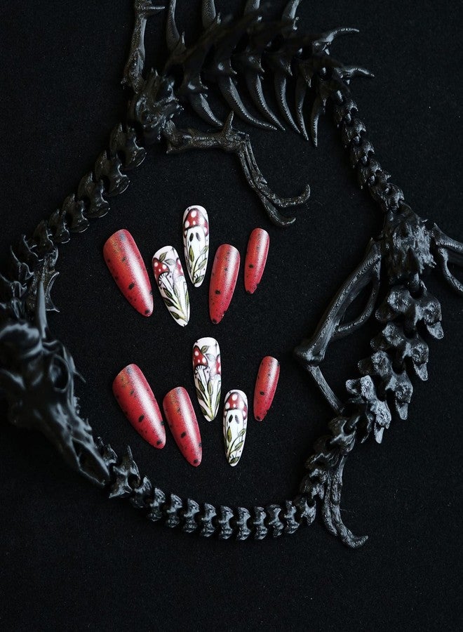 GRITOSE 24Pcs Halloween Press on Nails Almond Long Fake Nails Matte Full Cover False Nails with Mushroom Ghost Designs Artificial Acrylic Nails Press ons Cute Halloween Stick on Nail for Women - Image 3